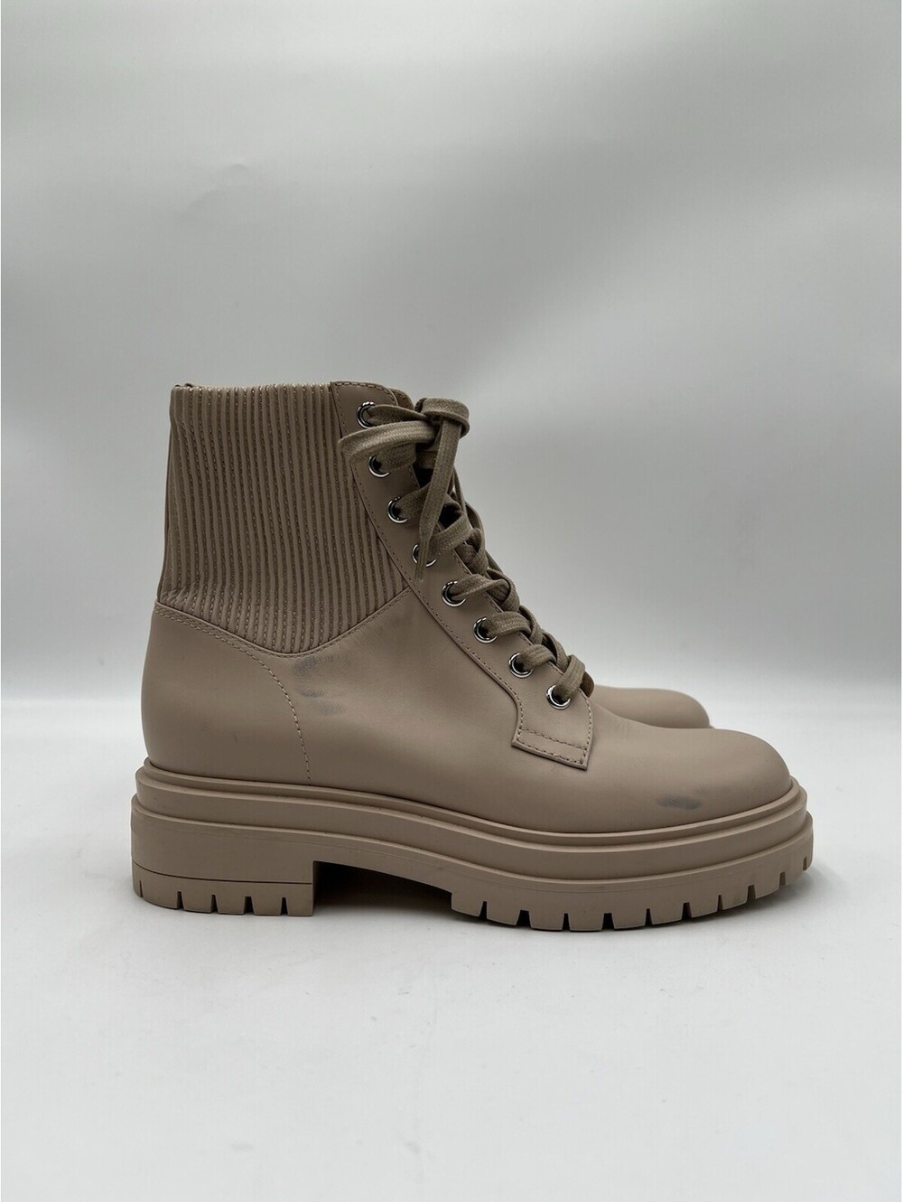 Women’s GIANVITO ROSSI Martis Rib-Knit Leather Combat Boots Color Beige Size 36